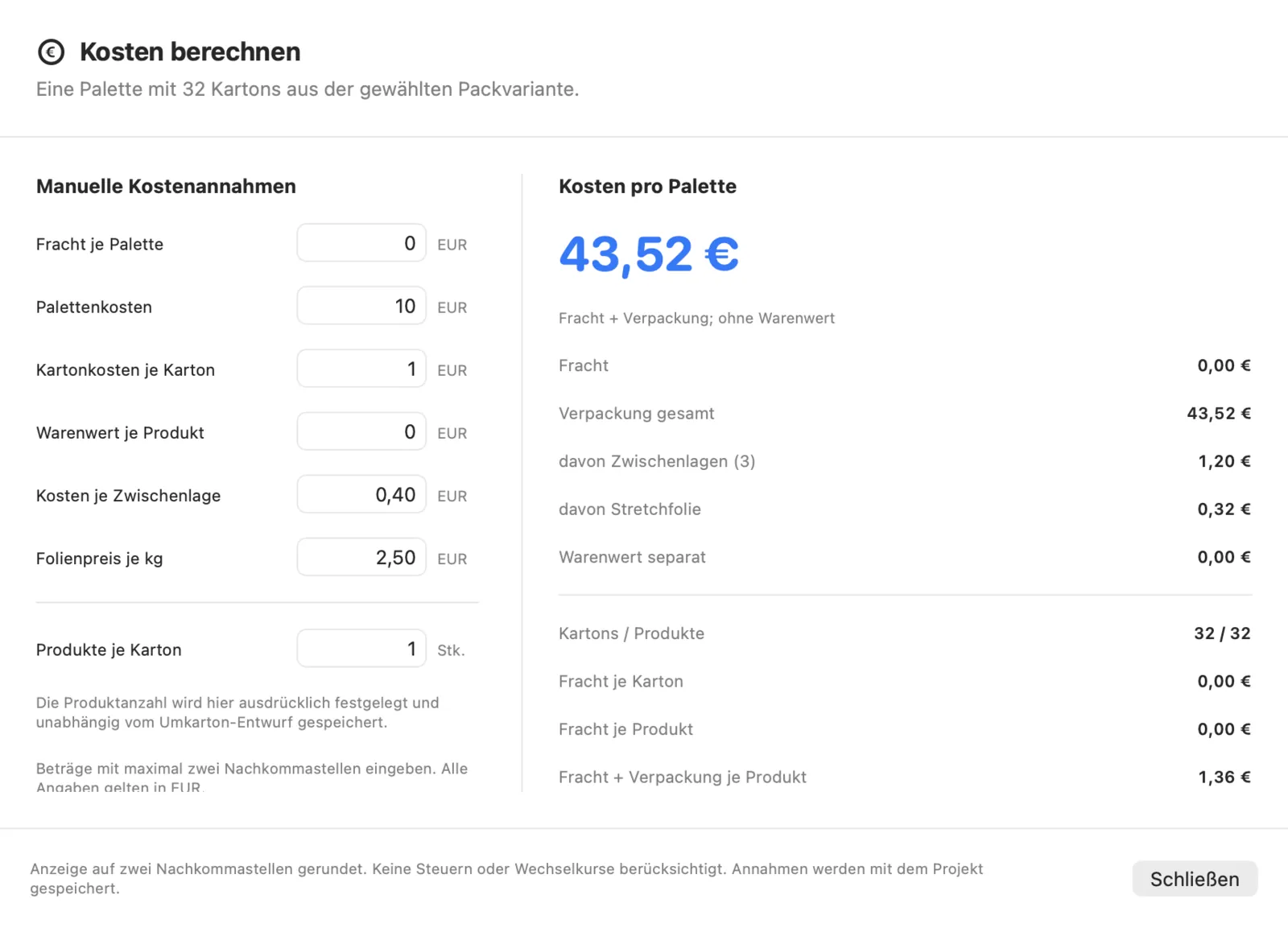 JetPallet-Fenster „Kosten berechnen“: 43,52 € pro Palette, aufgeschlüsselt in Verpackung, Zwischenlagen und Stretchfolie.