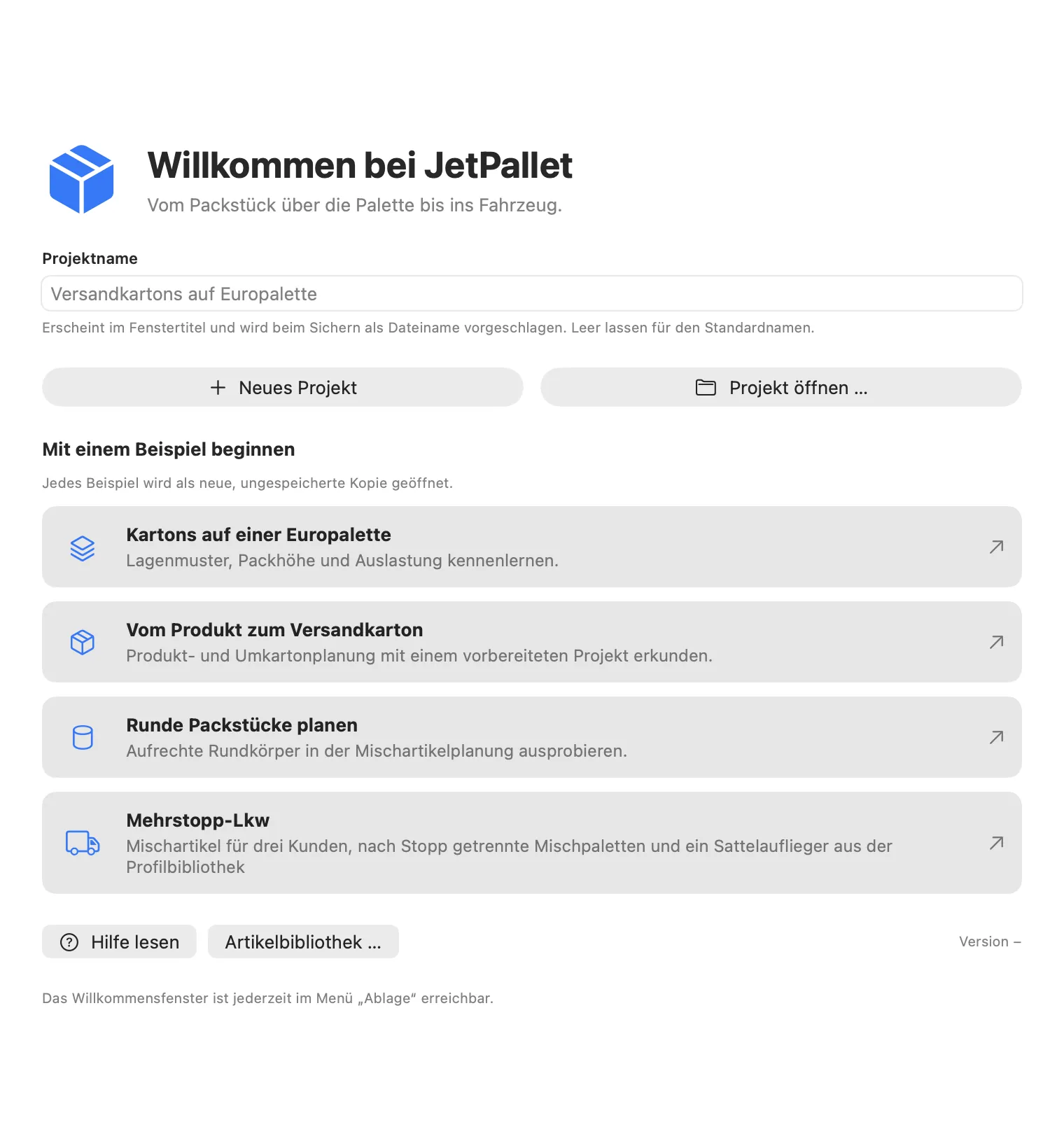 JetPallet-Willkommensfenster mit vier Beispielprojekten: Europalette, Versandkarton, runde Packstücke und Mehrstopp-Lkw.